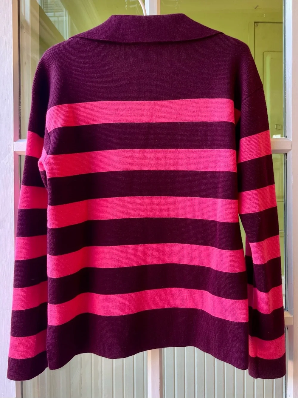 Talbots Striped Knit Polo Collar Sweater in Hot Pink and Deep Plum